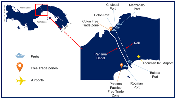 Mapa de Panamá, indicando puntos logísticos interesantes dentro de o cercanos a su territorio